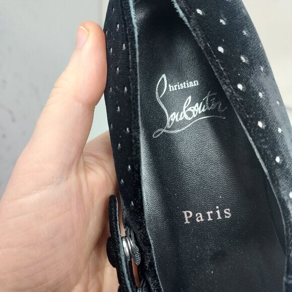 Christian Louboutin Black Velvet Bejeweled Sweet Jane Buckle Flat Shoe - Picture 4 of 12
